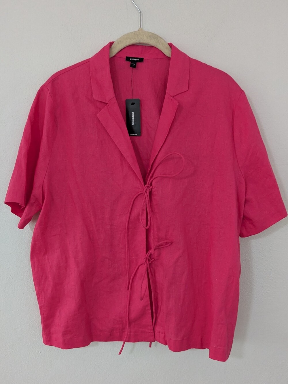 Express NWT Tie Front Boxy Short Sleeve Shirt Collared Linen Blend Pink Small S